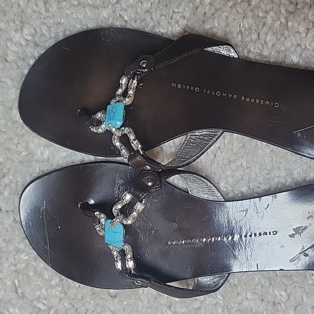 GIUSEPPE ZANOTTI Brown And  Bling Horseshoe And Turquoise Thong Slides Size 37 - Picture 14 of 15